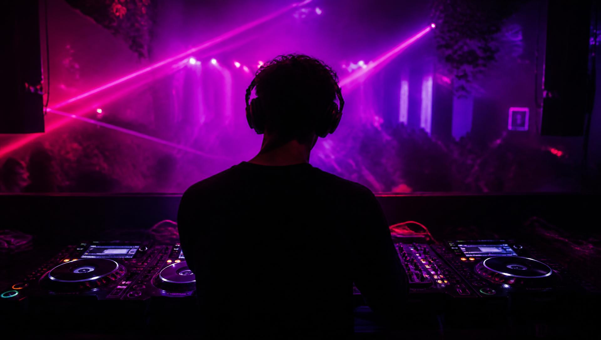 DJ RA1 performing behind the decks under stage lighting
